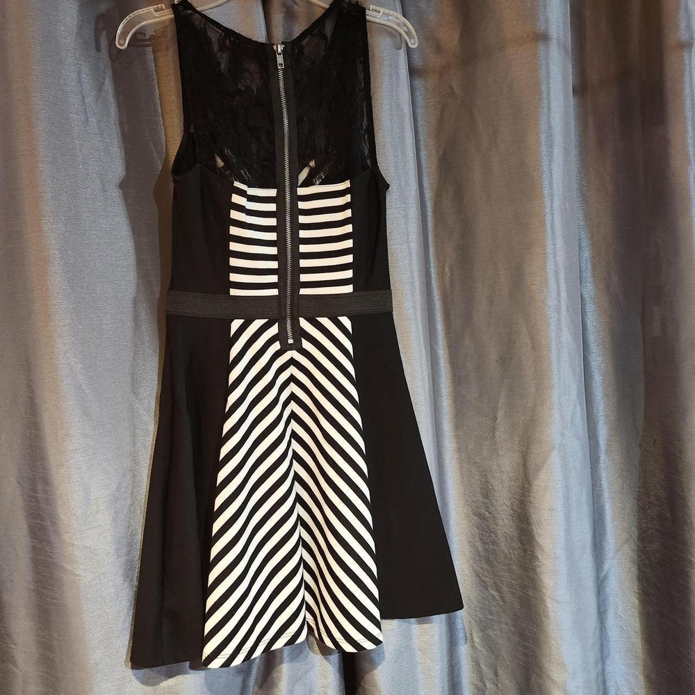 Material Girl Black White Striped Lace Yoke Fit & Flare Mini Dress XS